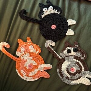 Handmade Crochet Cat Coasters - Black, Orange, Gray